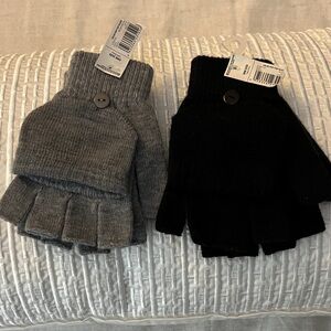 2 pair Black and Gray Fingerless Gloves / Mittens ! 2 in one !